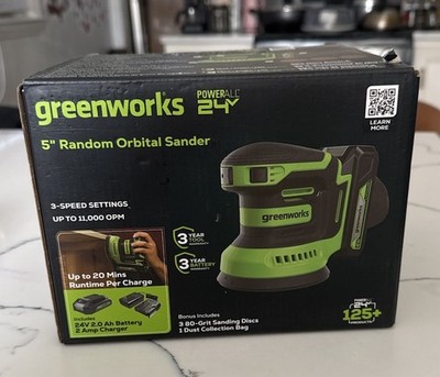 GreenWorks POWERALL 24V 5'' Random Orbital Sander, 3-Speed, Battery, Bag