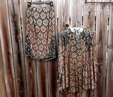Vintage S.H.E. Silk Lace Overlay Beaded Jacket  Skirt Suit Set M Black , Gold