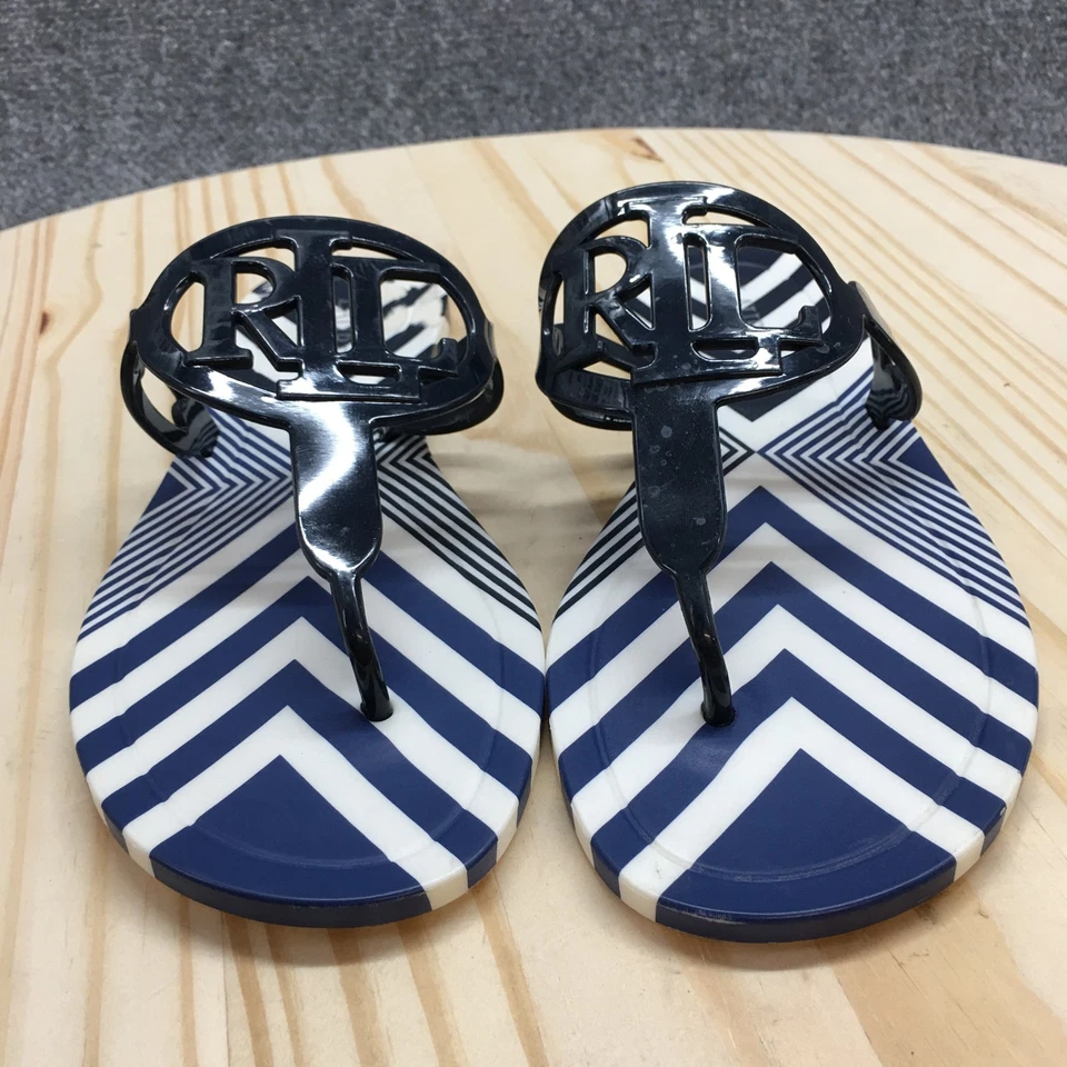Sandalias planas informales Lauren Ralph Lauren para mujer 8R Audrie tanga azules a rayas NUEVAS Foto 4 de 4