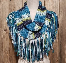 NEW Hand Knitted Infinity Boho Cowl Scarf Teal Blue Green Fringe Knit Artsy