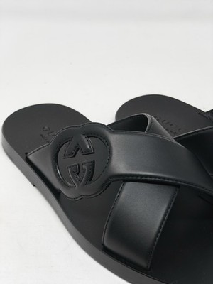 Gucci Black Leather Sandals Cross Slides GG Men's Arab UK 7 US 8