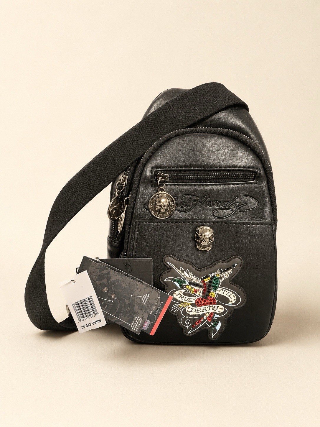 Ed Hardy Black Small Crossbody Sling Bag Adjustable Strap Skull Charm