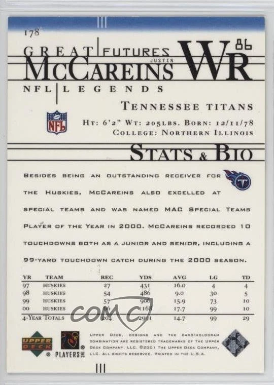 2001 Upper Deck NFL Legends Great Futures /750 Justin McCareins #178 Rookie RC - Image 2 of 2