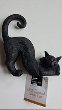 Halloween Black Cat Resin Figurine with Tag  Green LED Eyes Decoration Spooky