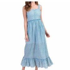 Francesca's Blue White Floral Eyelet Ruffled Midi Dress Sz L Cottagecore