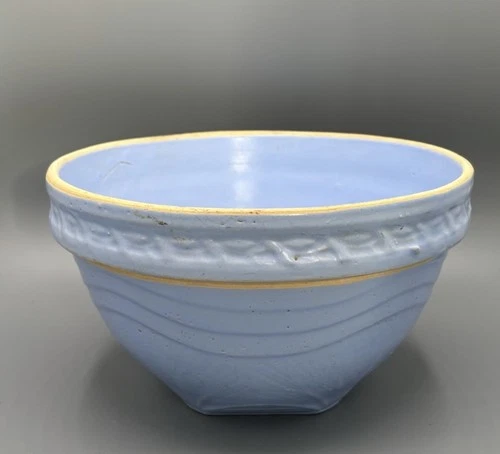 RARE ANTIQUE AMERICAN BLUE GLAZE 8 ½” McCOY SUNRISE BOWL YELLOW WARE MINT