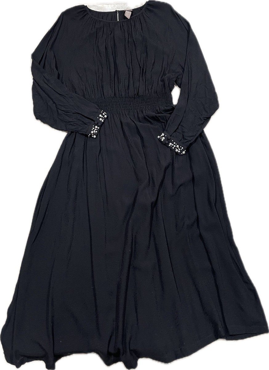 H & M BLACK MAXI DRESS W/ PEARL DETAILS LONG SLEEVE SIZE L NWT