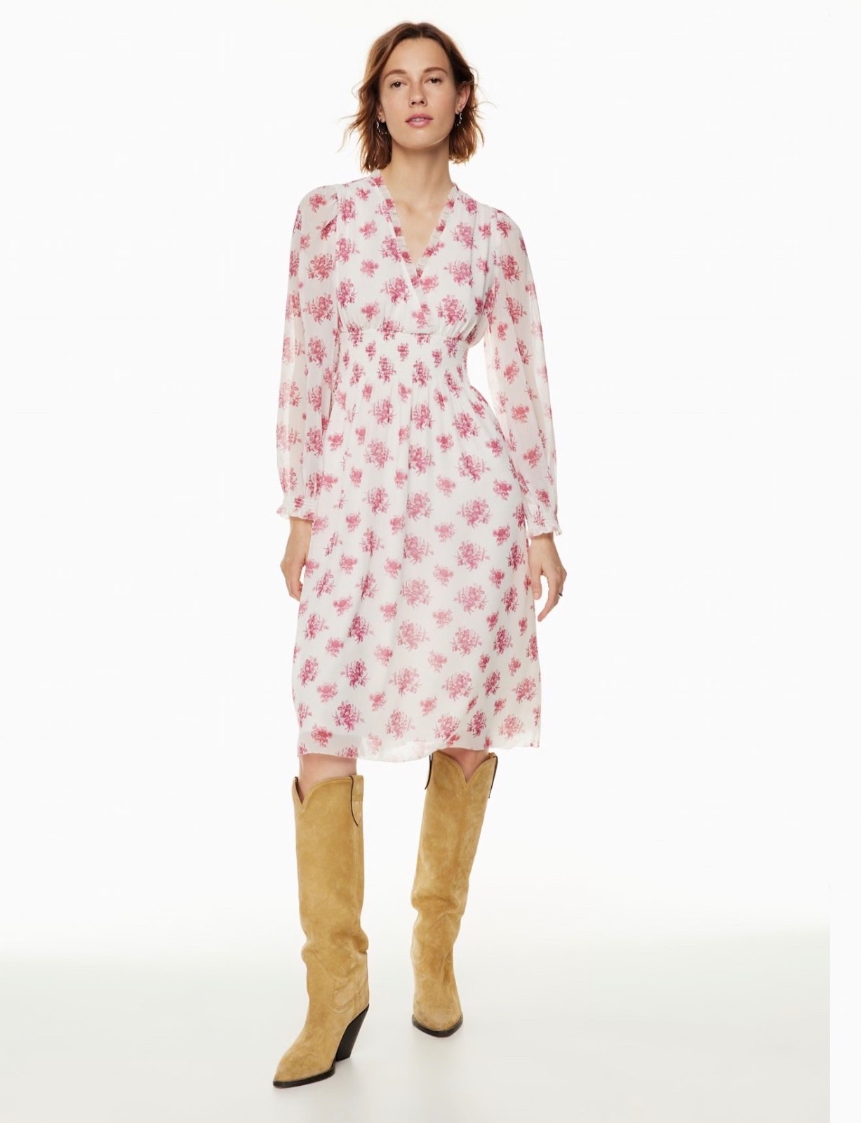 Wilfred Aritzia Faraway Puff Sleeve Smocked Chiffon Midi Tea Dress size small