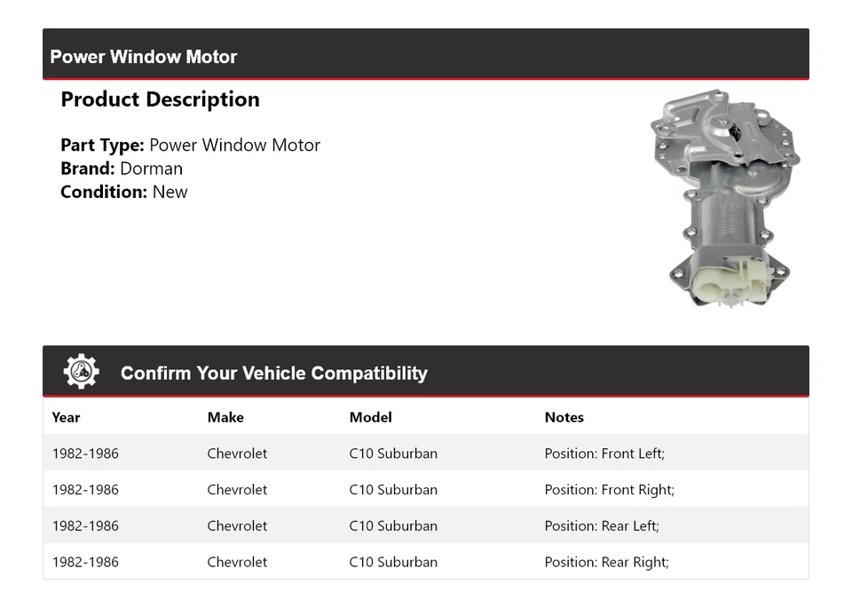 Motor de ventana eléctrica Chevrolet C10 Suburban Dorman 1982-1986 1983 1984 1985 Foto 2 de 4