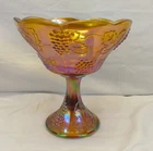 VINTAGE CARNIVAL GLASS MARIGOLD IRIDESCENT PEDESTAL BOWL LARGE  GRAPE  AND LEAF