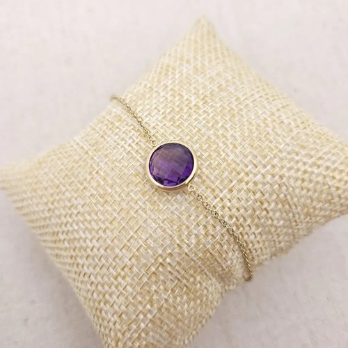 14k Solid Gold Bracelet with 10mm Round Double-Sided Checkerboard Amethyst - Picture 2 of 10