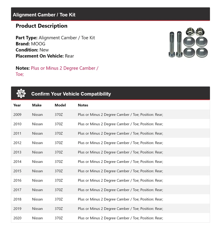 Kit de inclinación/puntera trasera MOOG 2009 2010 2011 para Nissan 370Z 2009-2020 Foto 2 de 3