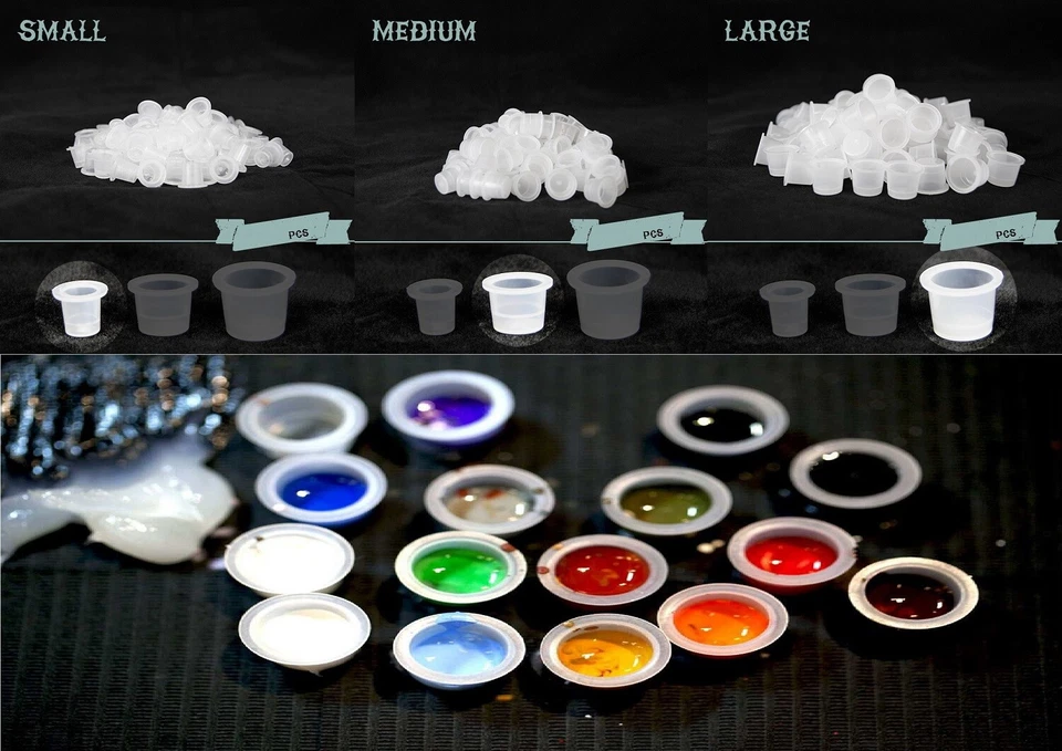 TATTOOCHEST 150x Tattoo Farbkappen aus Kunststoff Ink Cups Mix Größen 50xS, 50xM, 50xXL