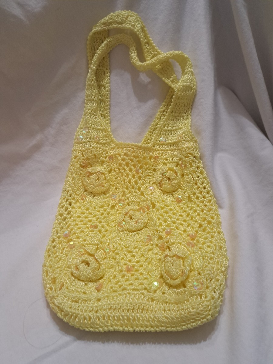 Crocheted Yellow Purse w/Sequins Flowers Hook Loop Closure