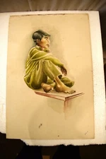 Vintage Painting Sketch Color Pencil Drawing Hand Drawn Man Sitting On Table" 5
