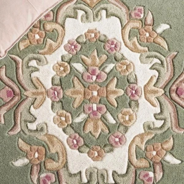 Green & White Aubusson Design Rug Banded Wool Carpet Area Rug 8X10 9X12 6X9 5X8 - Image 3 of 4