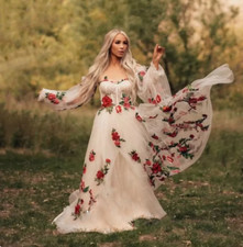 Embroidered Long Wedding Dresses Off the Shoulders Vintage A Line Bridal Gowns