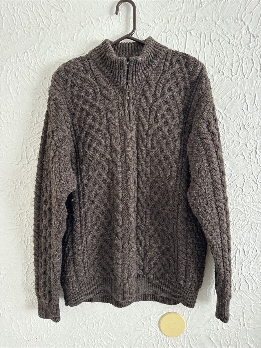 Orvis Fisherman Sweater Mens M Brown Wool Cable Chunky Knit Made in Ireland