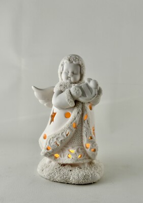 White Matte Ceramic Christmas Angel Tea Light Holder with Sugared Accents