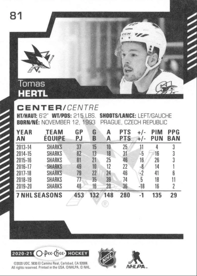 2020-21 O-Pee-Chee Tomas Hertl San Jose Sharks #81 - Image 2 of 2