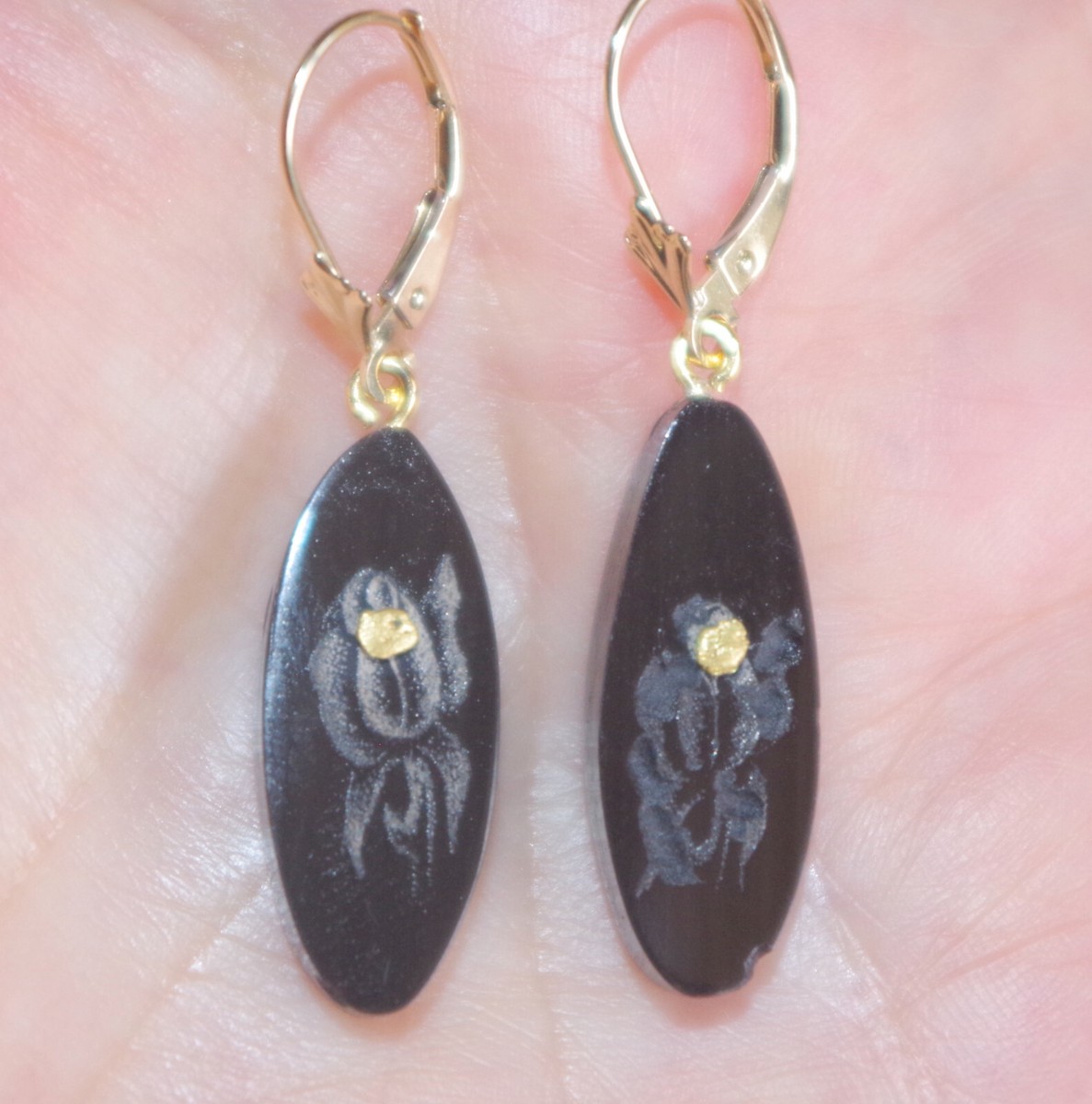 Genuine Antique 14K Carved Elongated Oval Painted Black Coral Earrings