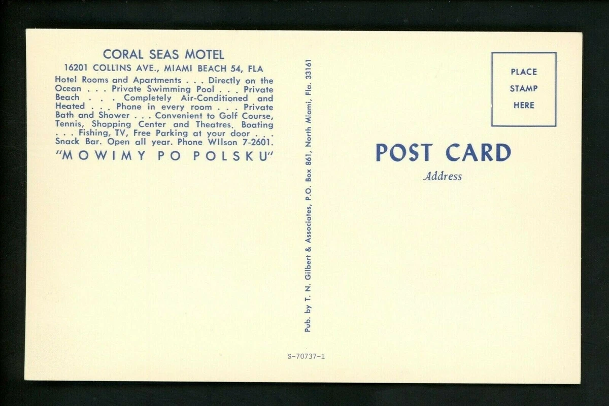 Florida FL postcard Miami Beach, Coral Seas Motel Polish Hotel ADvertising