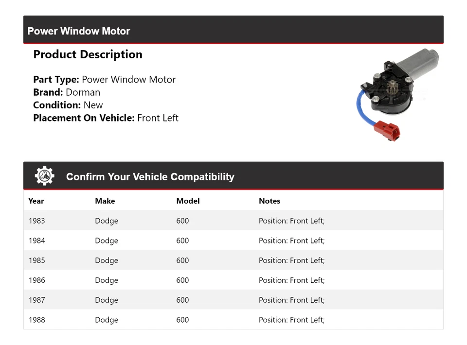 Motor de ventana eléctrica delantero izquierdo Dodge 600 Dorman 1983-1988 1984 1985 1986 1987 Foto 2 de 4