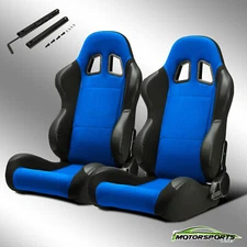 Black/Blue Reclinable PVC Patches Fabric Pineapple Racing Seats W/Slider Pair