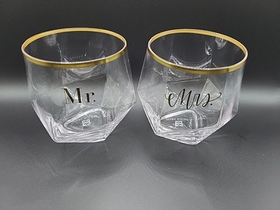 VINTAGE Mary Square Stemless Wine Glasses Set of 2 Gold Rimmed Mr. & Mrs.