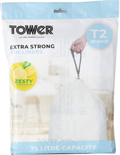 Image of Tower 75L Lemon Scented Bin Liners, 20 Pack, White
