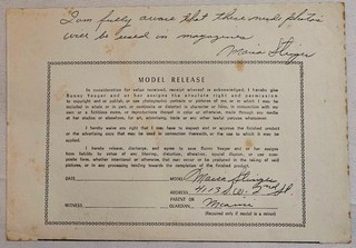 Bunny Yeager Signed Estate Model Release Form for Maria Stinger