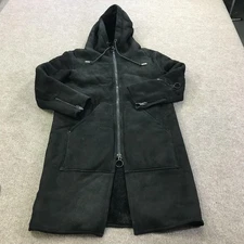 The Arrivals Shearling Coat Womens Small Black Hooded Long Jacket Zip Front