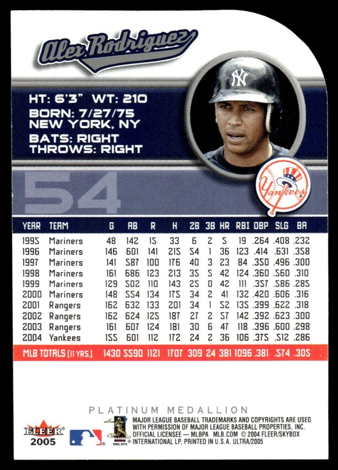 2005 FLEER ULTRA PLATINUM MDALLION ALEX RODRIGUEZ New York Yankees #6 - Image 2 of 2