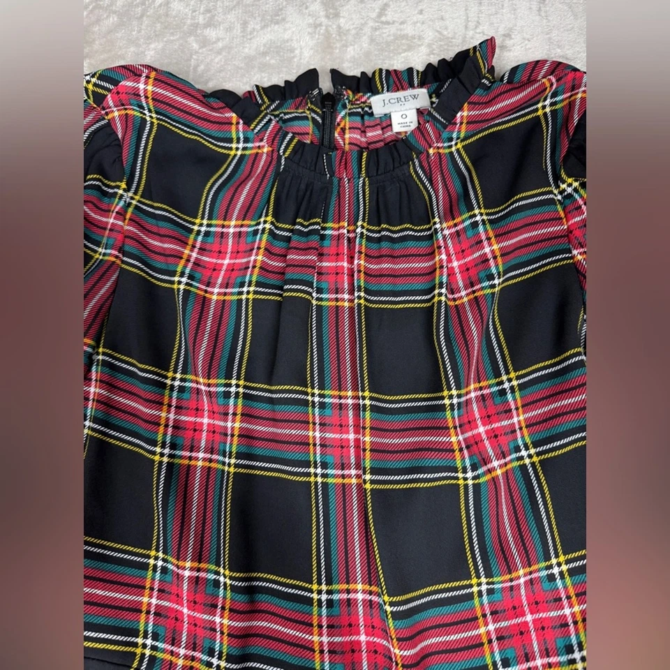 J.Crew Factory Ruffleneck Tartan Plaid Long Sleeve Midi Peasant Dress Size 0 - Image 4 of 4
