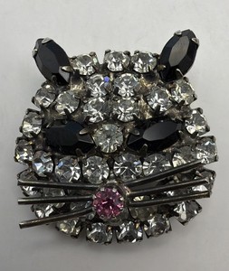 Cat Kitty Brooch Face Clear Black Pink Rhinestone Crystal Silver Tone VTG 1.25”