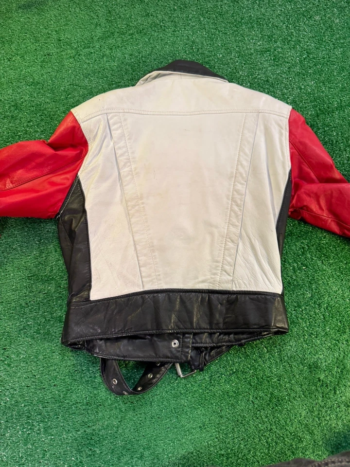 Винтажный Y2K CHIA из натуральной кожи куртка мотоциклиста красный белый черный гранж эмо размер S - Изображение 4 из 4