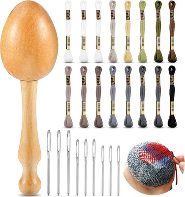 Wooden Darning Egg Kit with 9 Needles & 16 Threads for Sock Repair