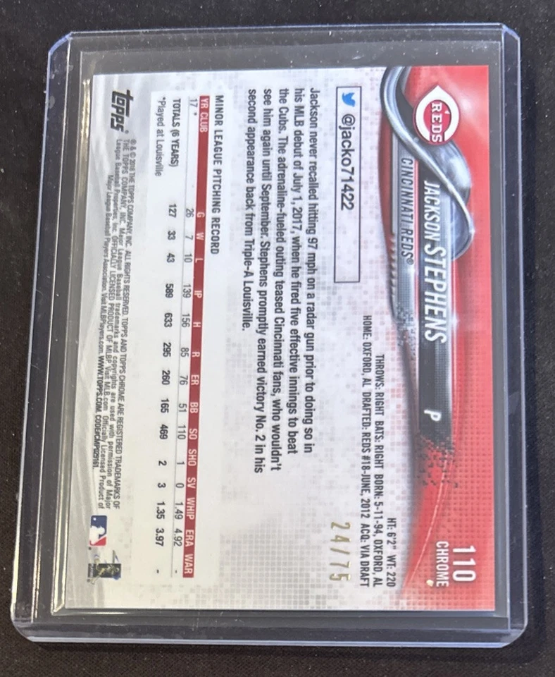 2018 Topps Chrome Jackson Stephens Rookie Blue Wave Refractor #24/75 Reds RC - Image 2 of 2