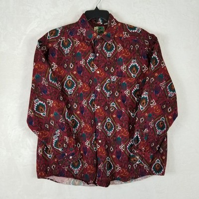Johnny Cotton Button Down Shirt Mens L Burgundy Ikat Tribal Print Vintage USA