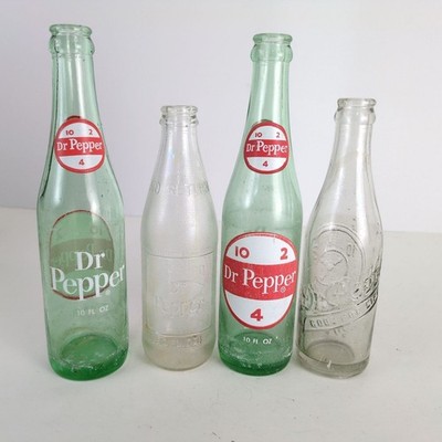 Lot of 4 Dr Pepper Soda Bottles Green Clear 1960s 10 2 4 Vintage 6.5-10oz