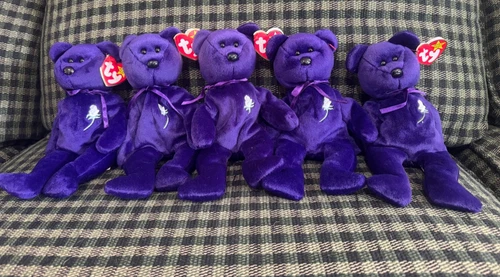5 Vintage Ty Beanie Baby Princess Diana Bear 1997 Purple PE Pellets 4 w Tags