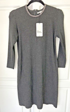 NEW W TAG,ZARA GRAY RIBBED DRESS,TRIMMED SILVER BEADED NECK,LONG SLEEVES ,SZ:M