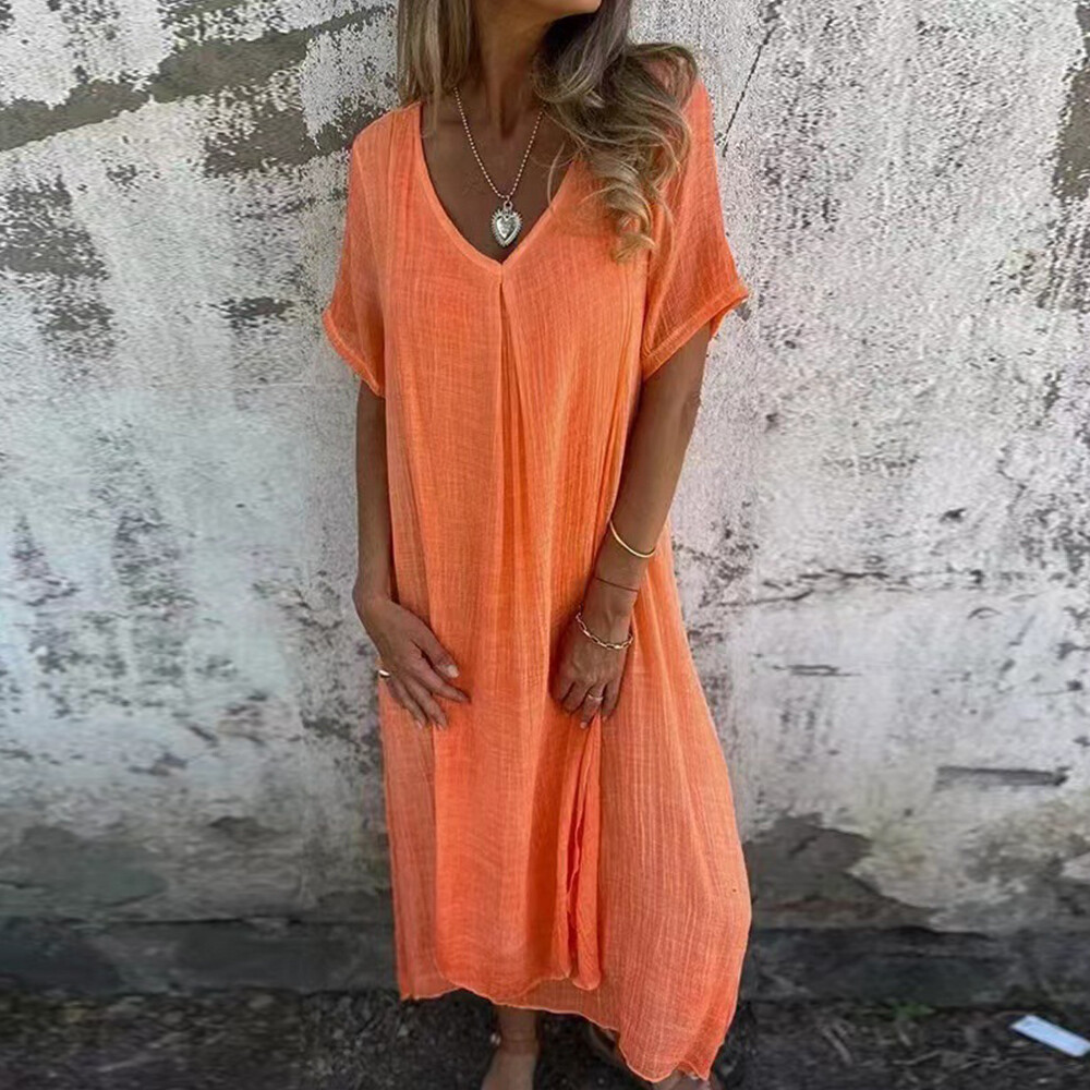 Robe D'été Baggy Pour Femmes Manches Courtes Coton Et Lin Col En V