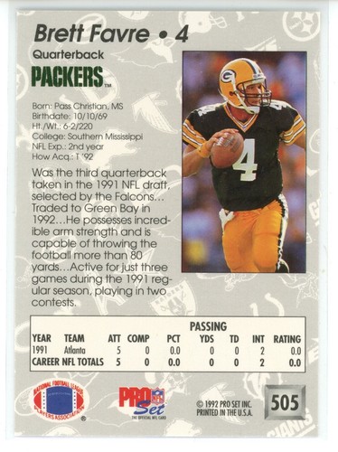 1992 Pro Set #505 Brett Favre (Packers) (Bullseye on Front) - Picture 2 of 2