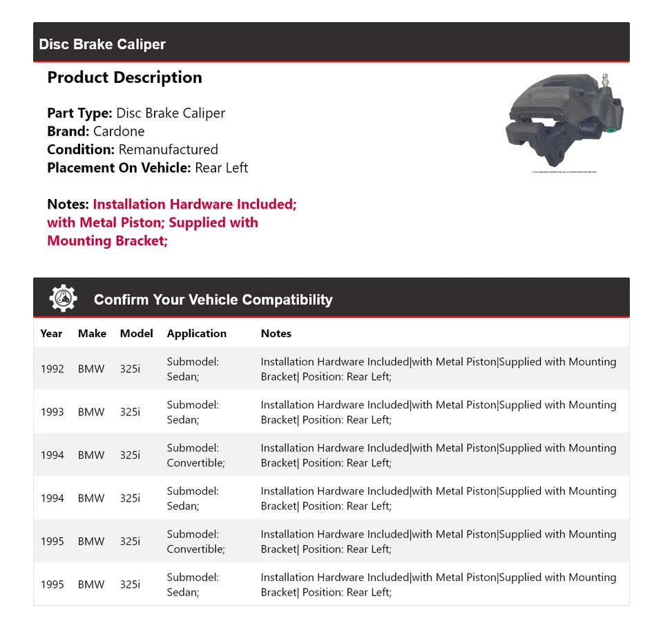 Para 1992-1995 BMW 325i pinça de freio a disco traseira esquerda Cardone 1993 1994 - Imagem 2 de 4