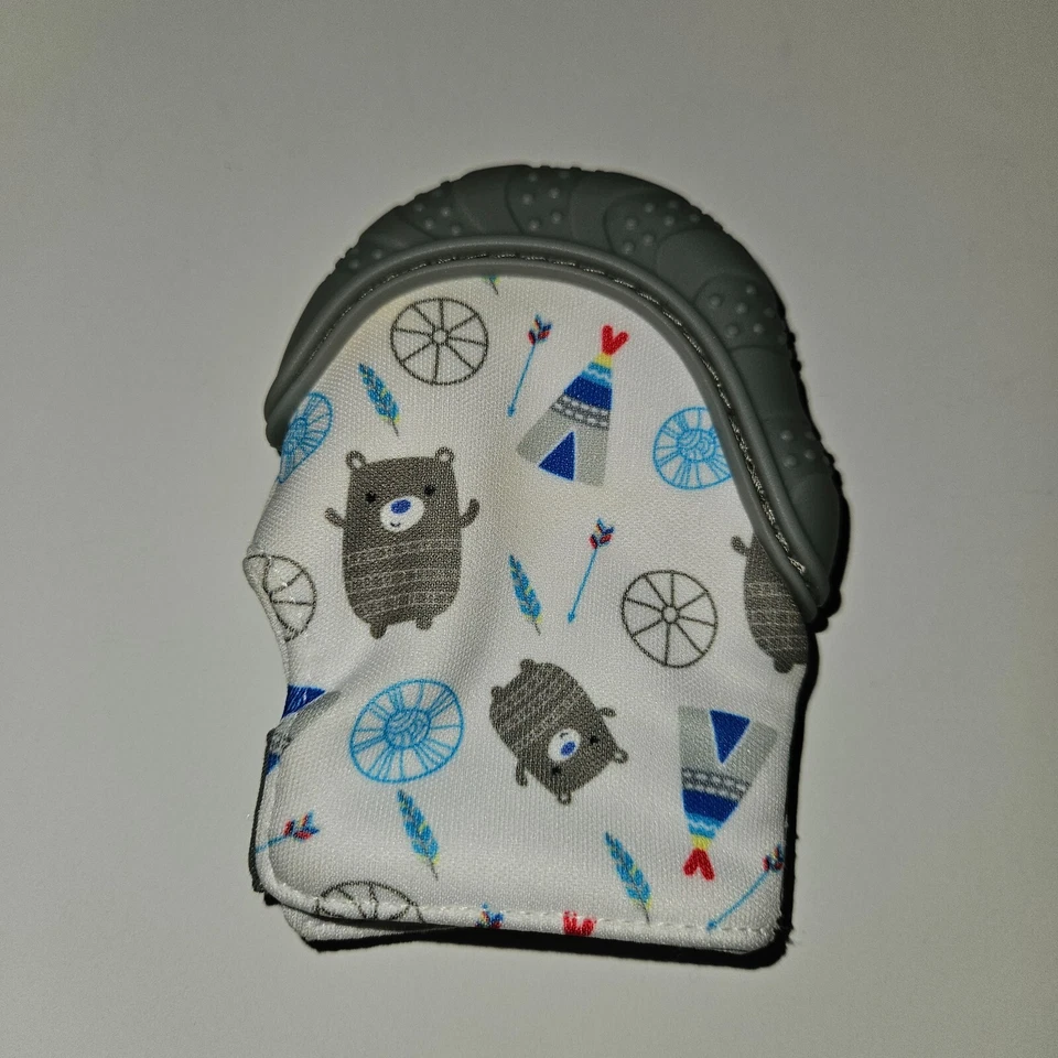 Nuby Soothing Teething Mitt Mitten Silicone Crinkle Gray Bear Blue NEVER USED - Image 2 of 4