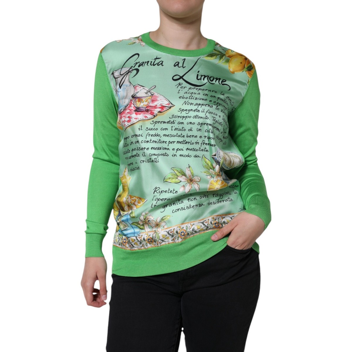 DOLCE GABBANA Sweater Green Silk Granita Al Limone Long Sleeves