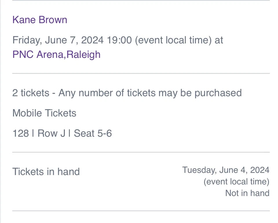 2 Tickets Kane Brown & Parmalee 6/7/24 PNC Arena Raleigh, NC - Image 3 of 3