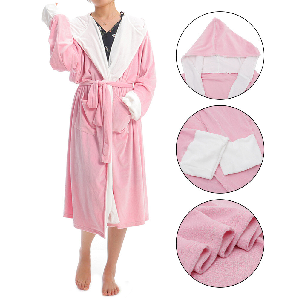 Womens Hooded Dressing Gown Robes Flannel Fleece Soft Plush Robe