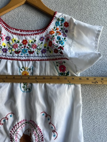 Mexican Handmade Girls M White Floral Bird Embroidered Dress - Picture 4 of 10